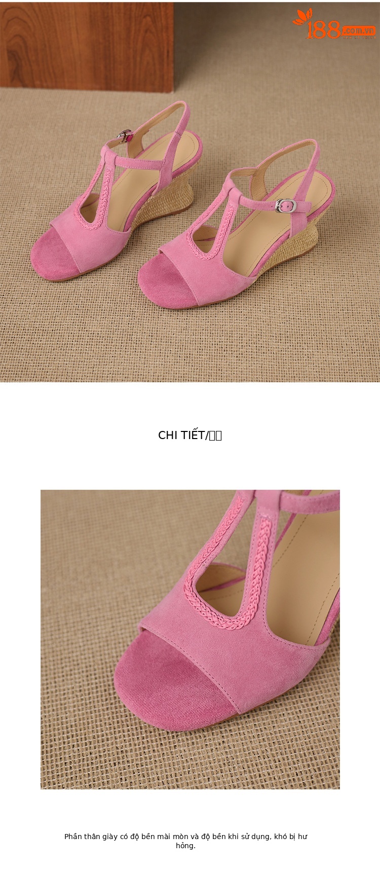 Sandal cao gót nữ hở mũi đế xuồng đan rơm, quai chữ T da lộn — Hồng, màu mơ chi tiết 14