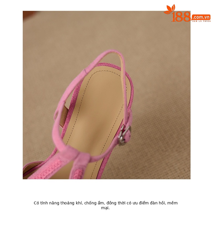 Sandal cao gót nữ hở mũi đế xuồng đan rơm, quai chữ T da lộn — Hồng, màu mơ chi tiết 16