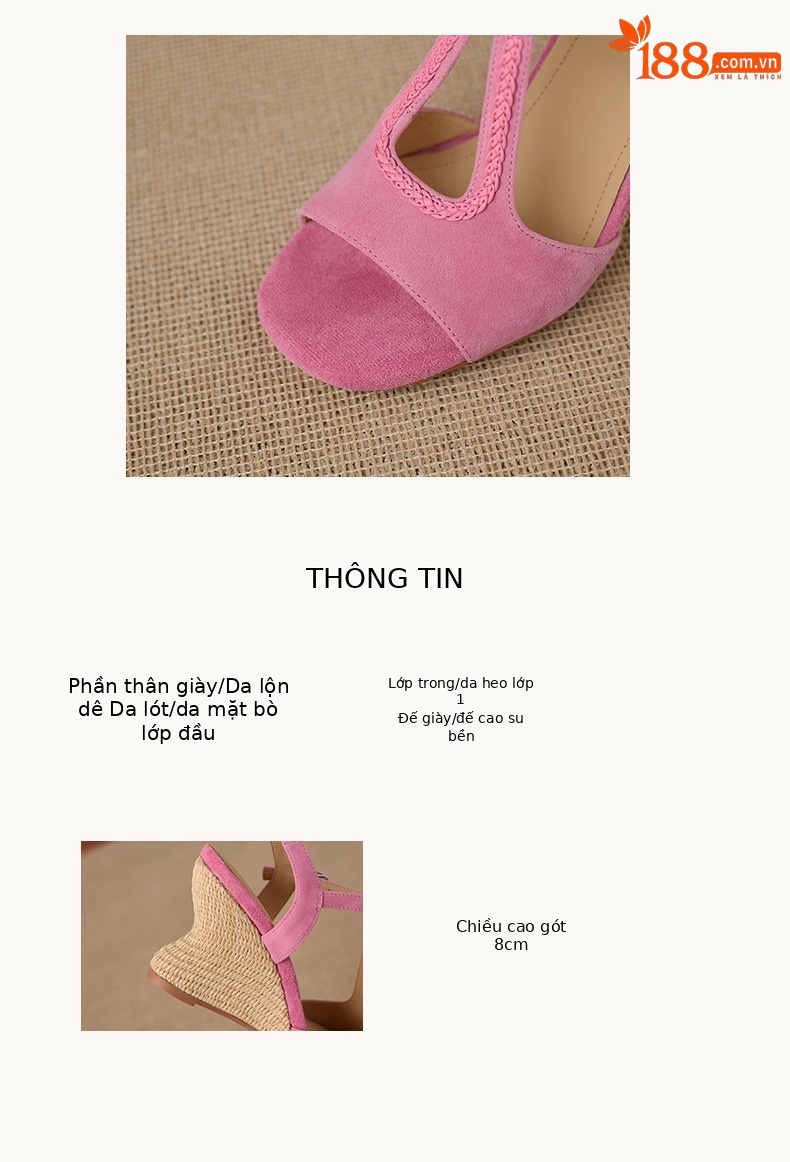 Sandal cao gót nữ hở mũi đế xuồng đan rơm, quai chữ T da lộn — Hồng, màu mơ chi tiết 2