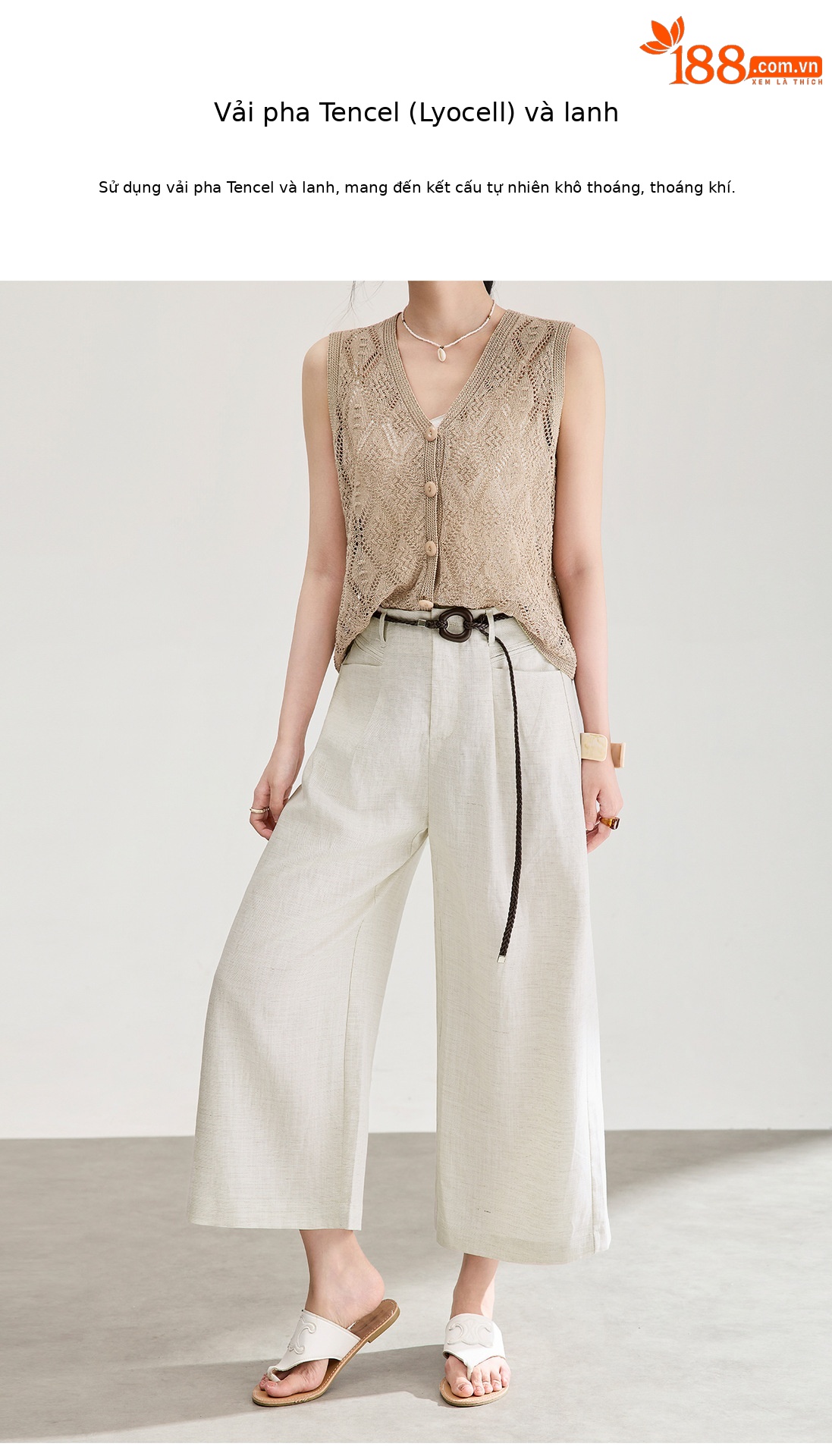 Quần culottes nữ ống rộng chất liệu linen phối sợi tencel, cạp cao dáng suông, mặc mùa hè thoáng mát — Xanh lông mòng đen chi tiết 6