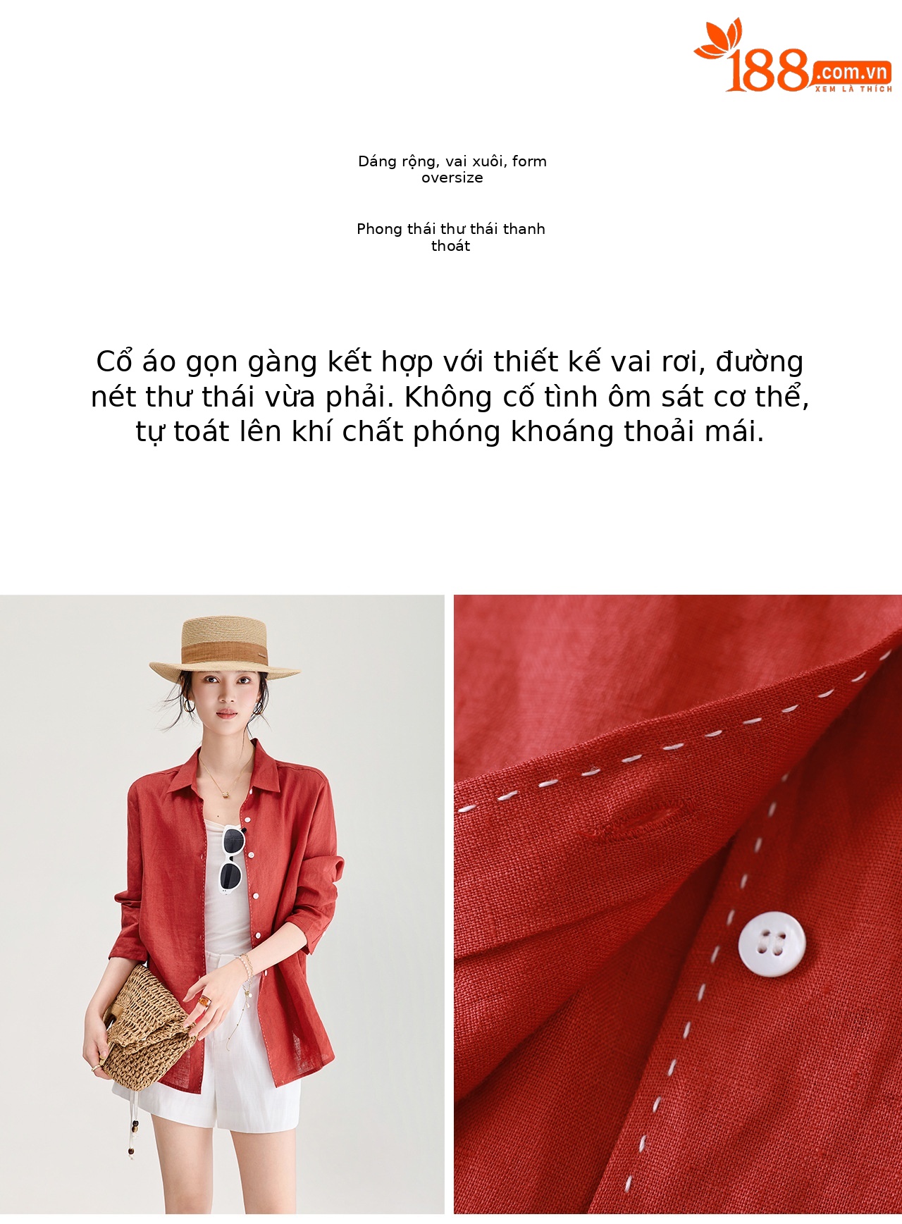 Áo sơ mi nữ linen chất lượng cao, phong cách cổ điển thư giãn, dáng rộng mùa hè — Đỏ Vermilion chi tiết 8