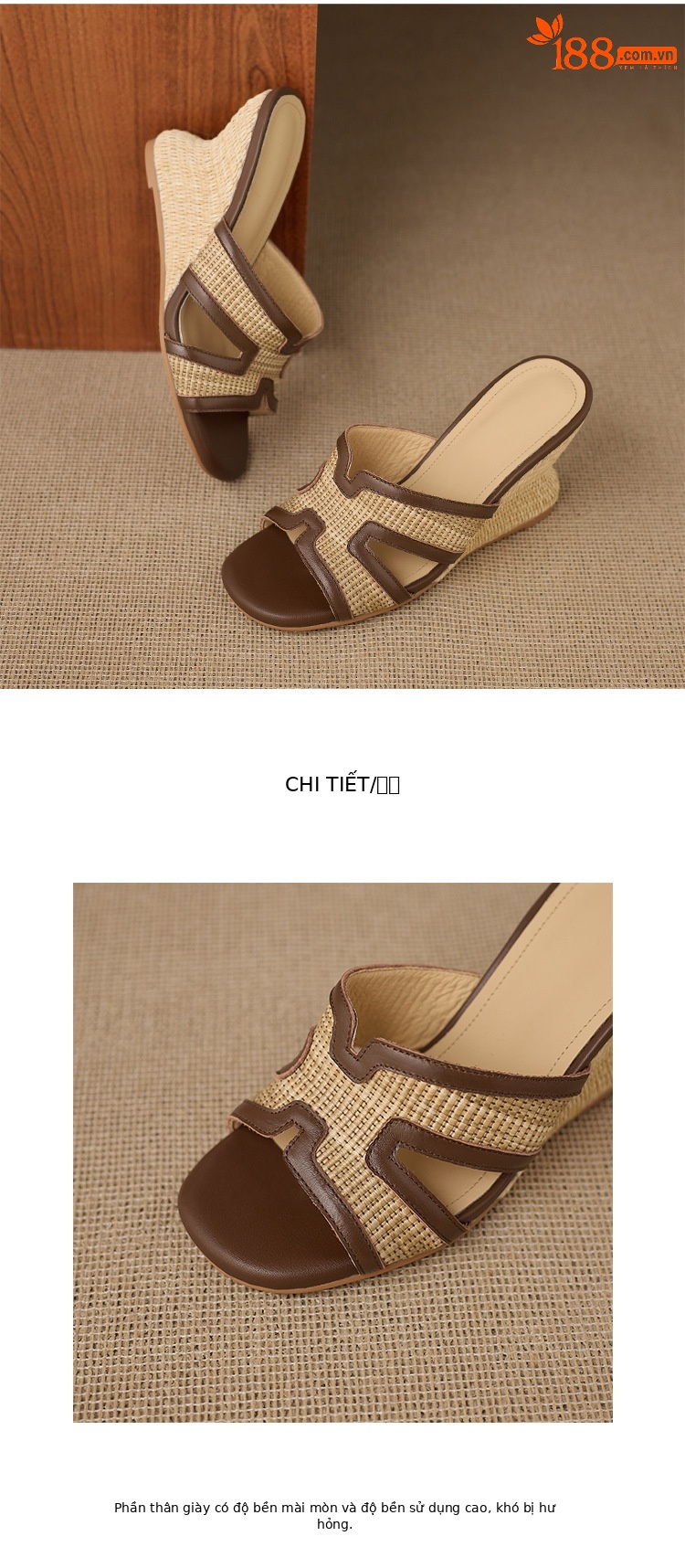 Sandal cao gót nữ mũi vuông hở ngón đế xuồng đan rơm phong cách nghỉ dưỡng — màu nâu, màu trắng ngà chi tiết 14