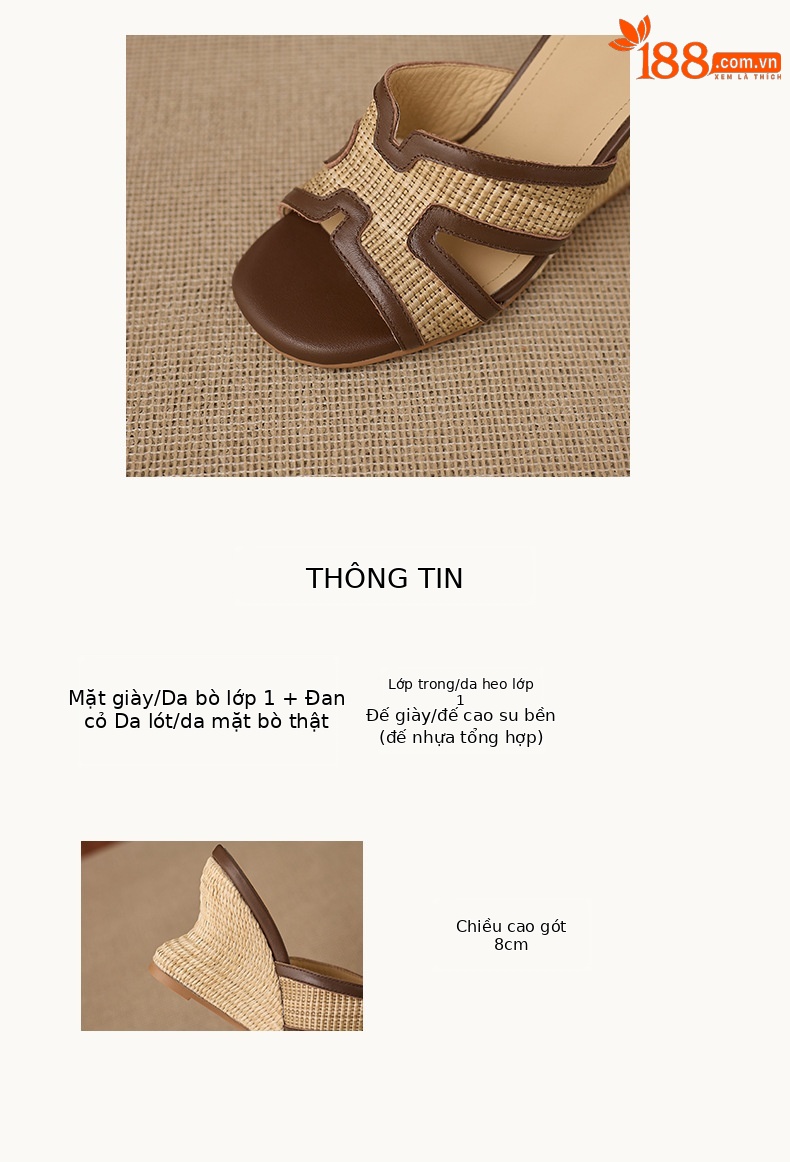 Sandal cao gót nữ mũi vuông hở ngón đế xuồng đan rơm phong cách nghỉ dưỡng — màu nâu, màu trắng ngà chi tiết 2