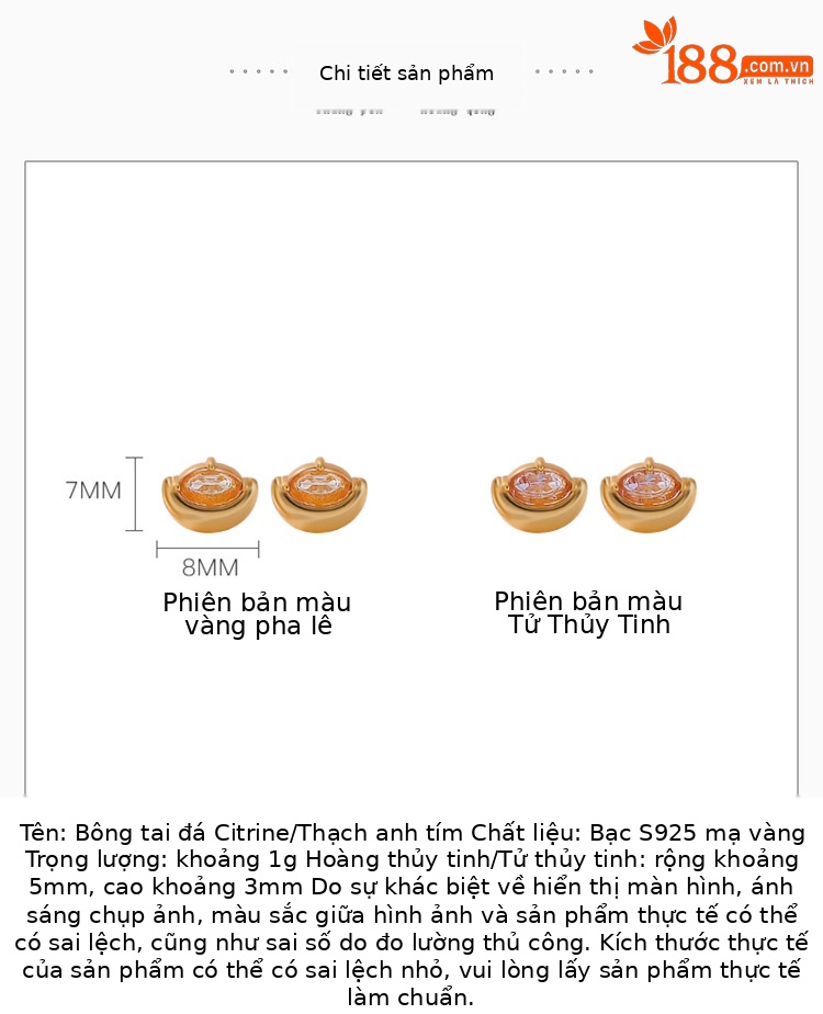 Bông tai bạc S925 mạ vàng đính đá pha lê tím hình bầu dục — Pha lê vàng chi tiết 2