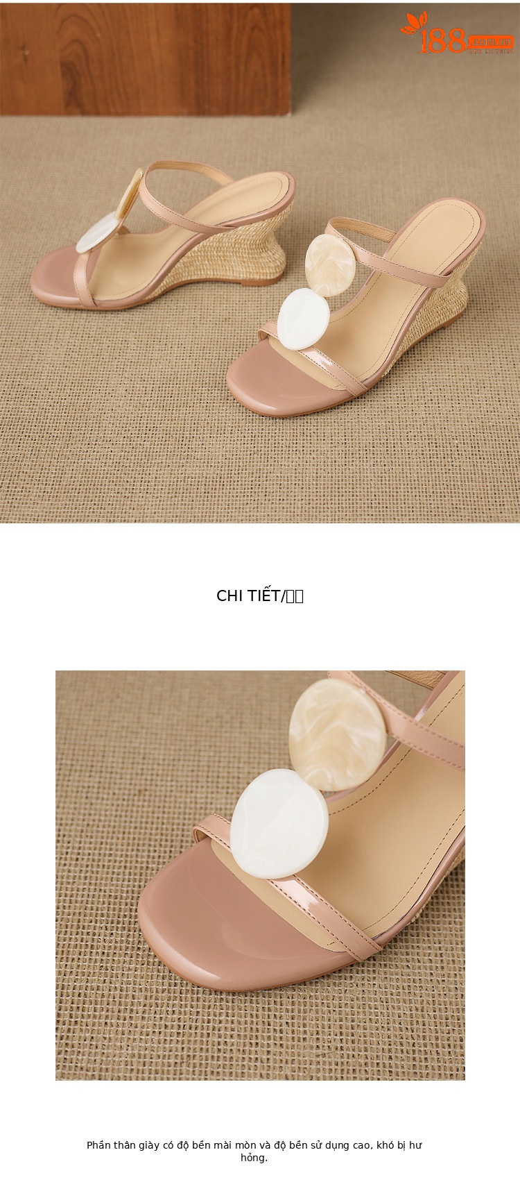 Dép sandal nữ quai chữ V đế xuồng bện rơm gót cao 7 cm — Trần truồng hồng, màu trắng ngà chi tiết 14