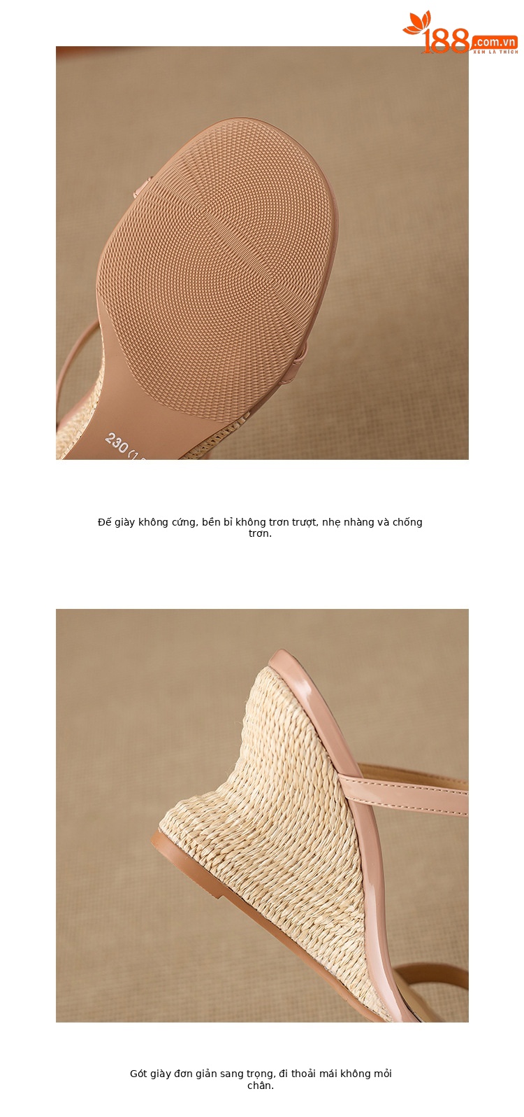 Dép sandal nữ quai chữ V đế xuồng bện rơm gót cao 7 cm — Trần truồng hồng, màu trắng ngà chi tiết 15