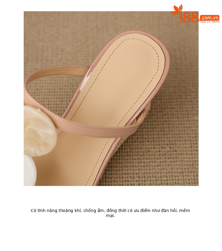 Dép sandal nữ quai chữ V đế xuồng bện rơm gót cao 7 cm — Trần truồng hồng, màu trắng ngà chi tiết 16