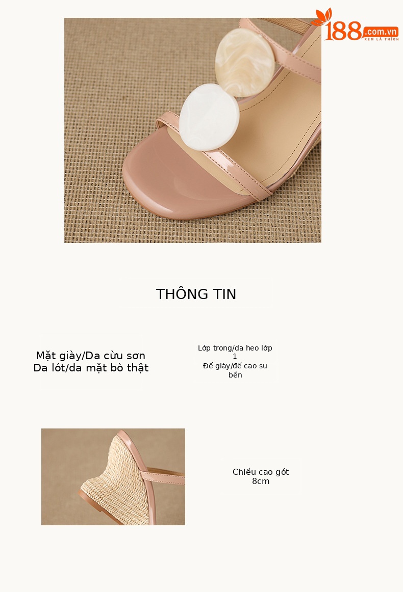 Dép sandal nữ quai chữ V đế xuồng bện rơm gót cao 7 cm — Trần truồng hồng, màu trắng ngà chi tiết 2