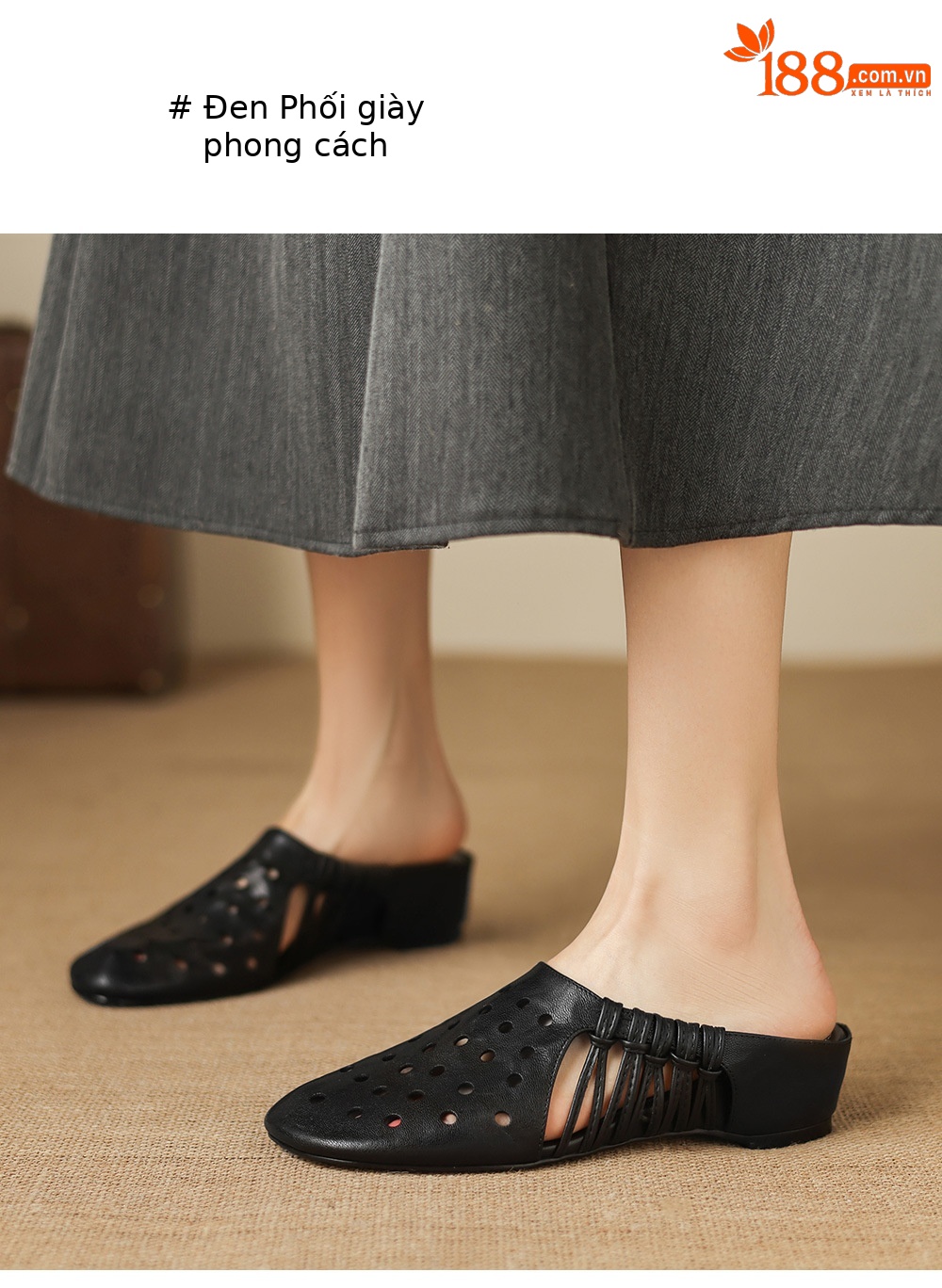 Dép sandal nữ quai chữ V đế xuồng cao gót, phong cách dệt da lộn — đen chi tiết 14