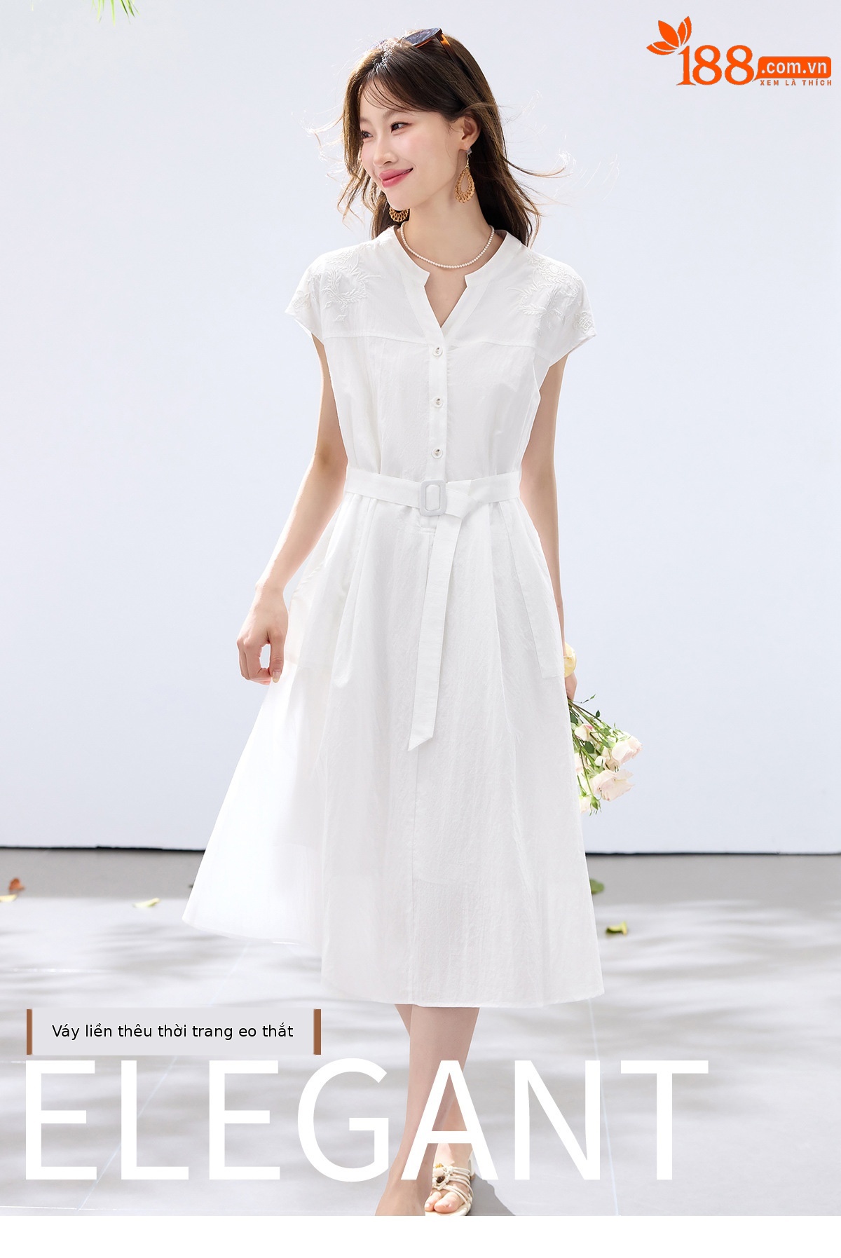 Đầm maxi nữ thắt eo cao, thiết kế quá gối, thêu hoa tinh tế phong cách trưởng thành — xanh lam, màu trắng chi tiết 1