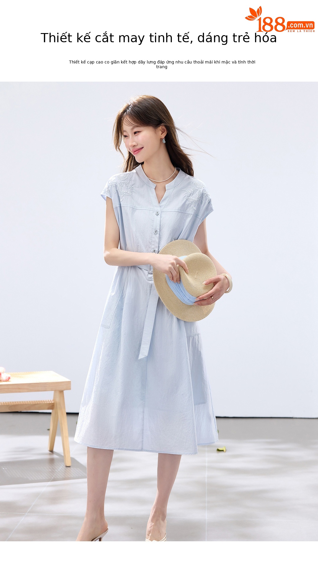 Đầm maxi nữ thắt eo cao, thiết kế quá gối, thêu hoa tinh tế phong cách trưởng thành — xanh lam, màu trắng chi tiết 2
