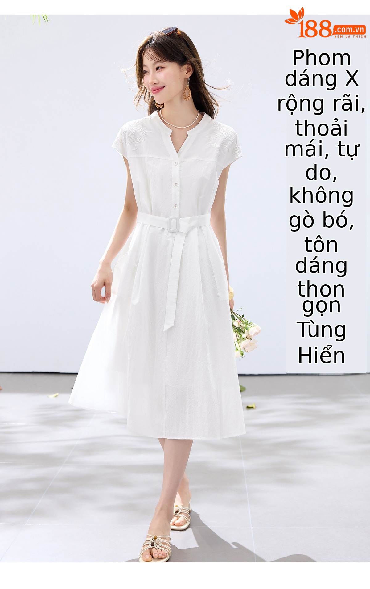 Đầm maxi nữ thắt eo cao, thiết kế quá gối, thêu hoa tinh tế phong cách trưởng thành — xanh lam, màu trắng chi tiết 3