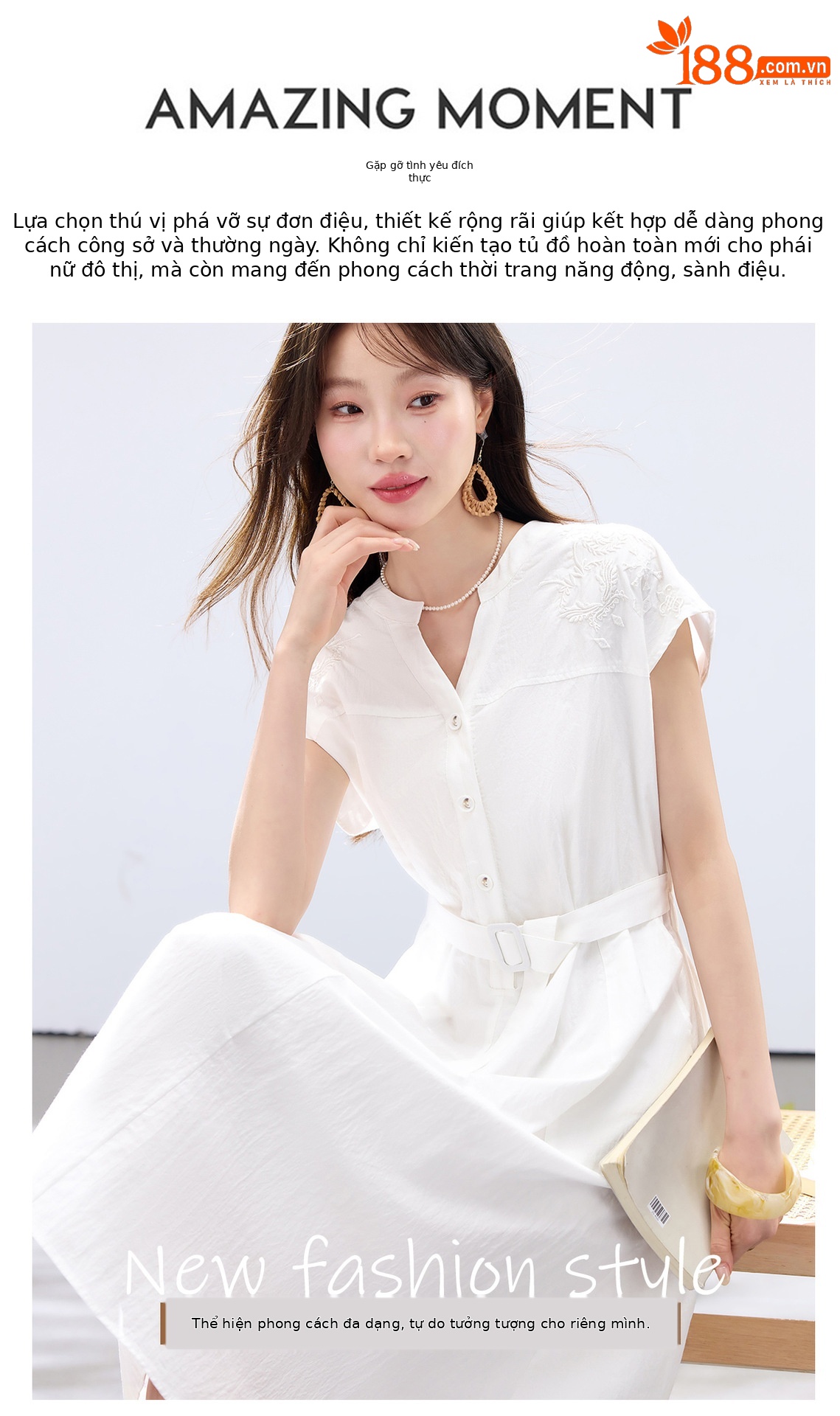 Đầm maxi nữ thắt eo cao, thiết kế quá gối, thêu hoa tinh tế phong cách trưởng thành — xanh lam, màu trắng chi tiết 5
