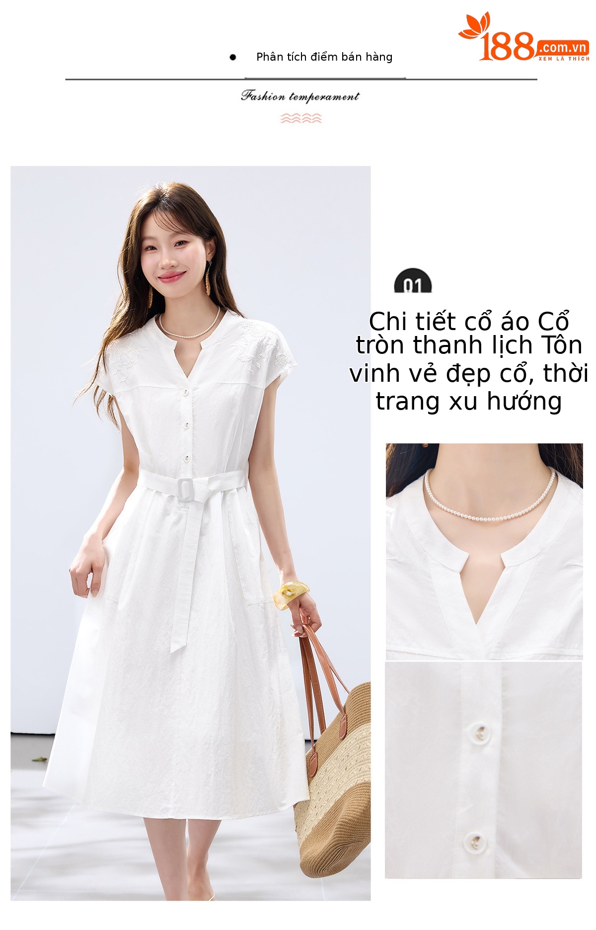 Đầm maxi nữ thắt eo cao, thiết kế quá gối, thêu hoa tinh tế phong cách trưởng thành — xanh lam, màu trắng chi tiết 6