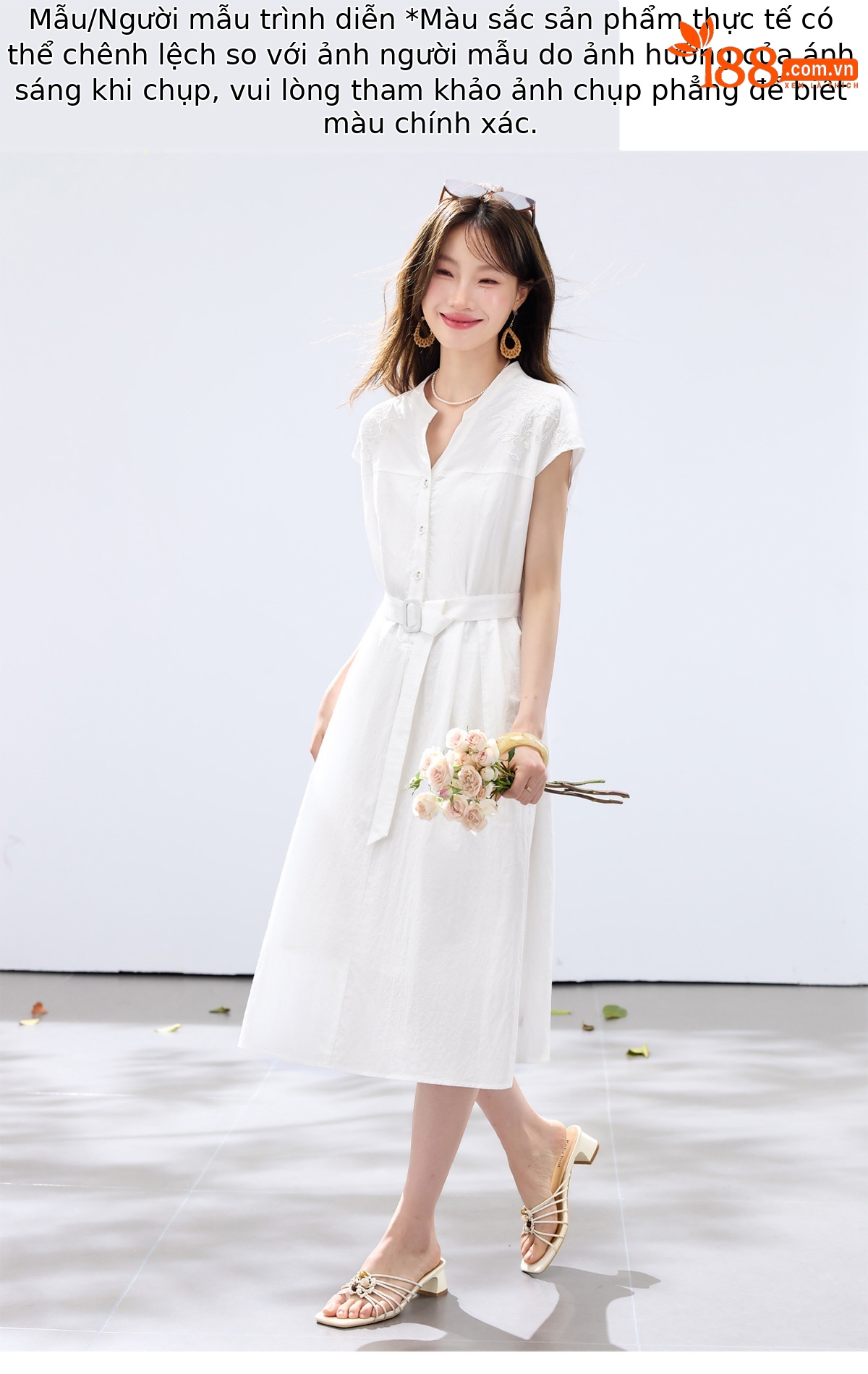 Đầm maxi nữ thắt eo cao, thiết kế quá gối, thêu hoa tinh tế phong cách trưởng thành — xanh lam, màu trắng chi tiết 13