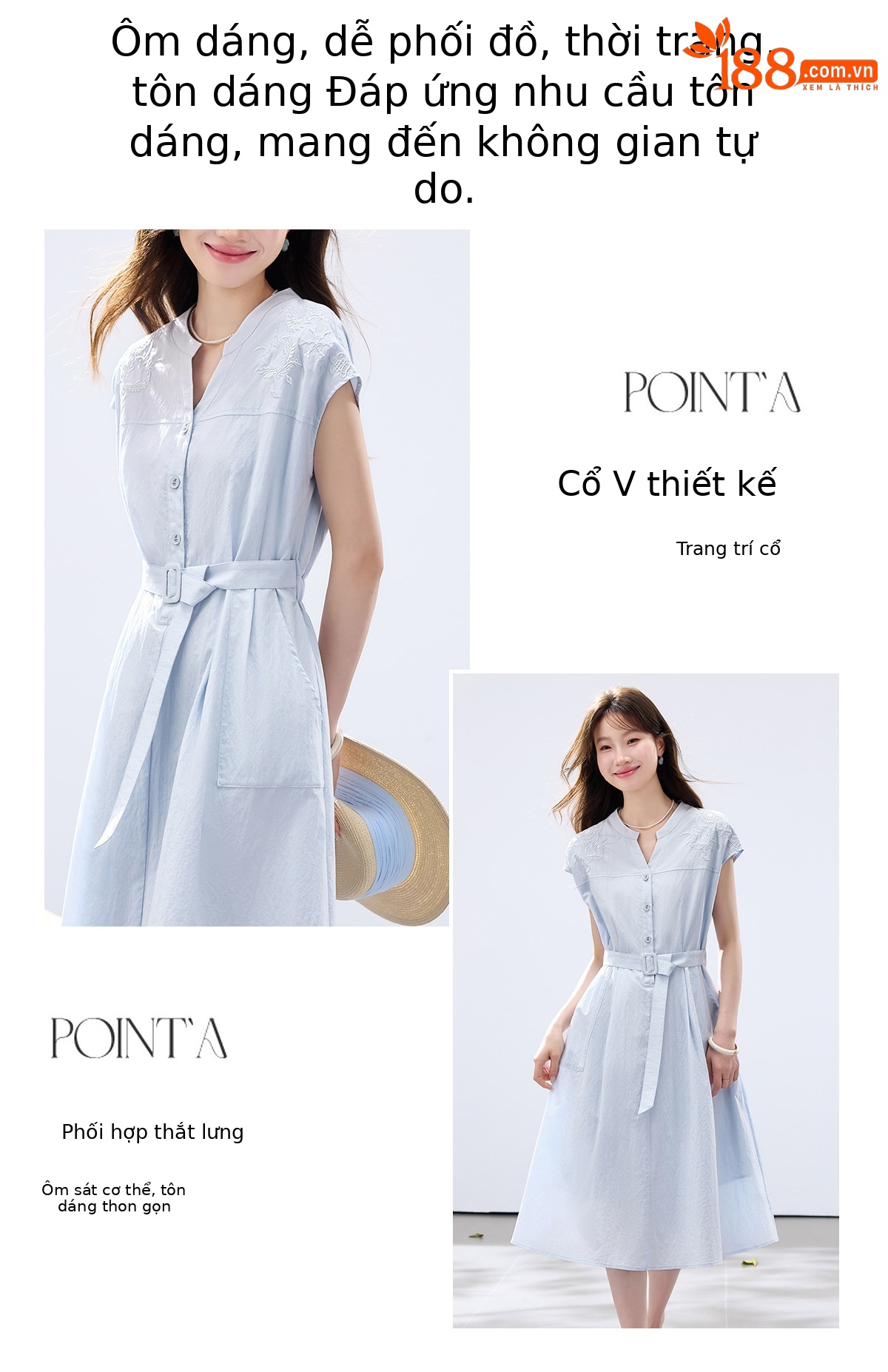 Đầm maxi nữ thắt eo cao, thiết kế quá gối, thêu hoa tinh tế phong cách trưởng thành — xanh lam, màu trắng chi tiết 4