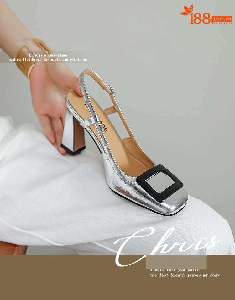 Sandal nữ cao gót mũi vuông quai ngang hở gót — đen chi tiết 1