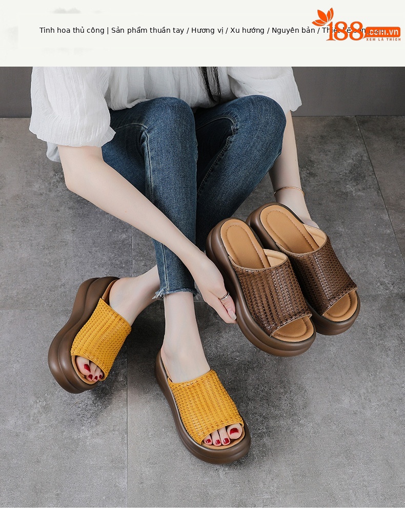 Dép sandal nữ quai chữ V đế dày da bò thật mềm chống trượt — màu nâu chi tiết 1