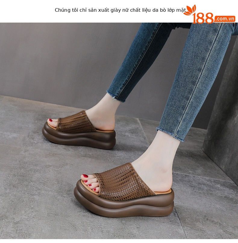 Dép sandal nữ quai chữ V đế dày da bò thật mềm chống trượt — màu nâu chi tiết 2