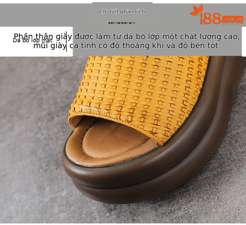 Dép sandal nữ quai chữ V đế dày da bò thật mềm chống trượt — màu nâu chi tiết 4