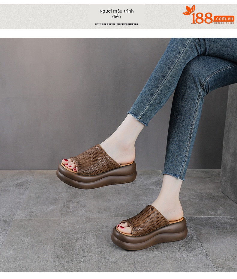 Dép sandal nữ quai chữ V đế dày da bò thật mềm chống trượt — màu nâu chi tiết 9