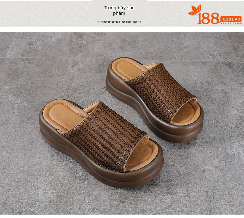 Dép sandal nữ quai chữ V đế dày da bò thật mềm chống trượt — màu nâu chi tiết 10