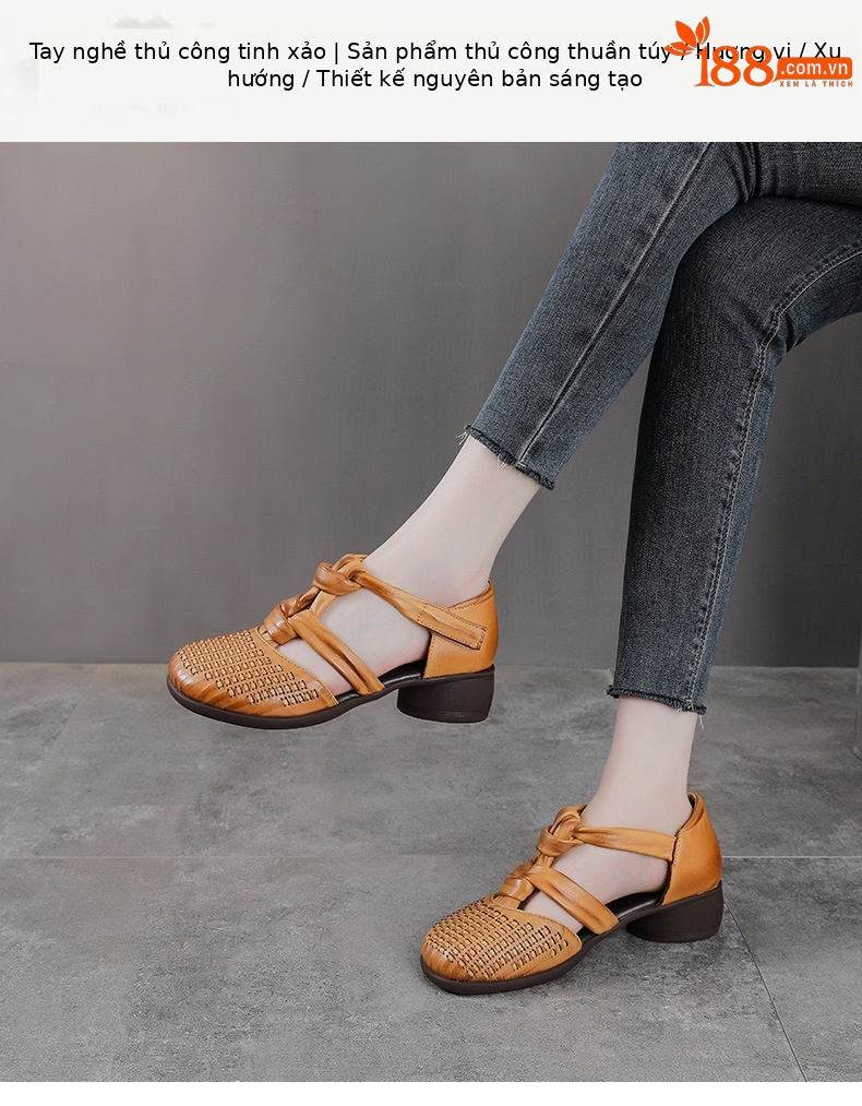 Sandal nữ da bò thật phong cách La Mã cổ điển, đế mềm, quai đan hở thoáng khí — màu nâu chi tiết 1