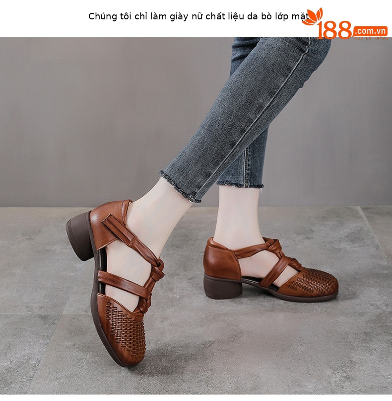 Sandal nữ da bò thật phong cách La Mã cổ điển, đế mềm, quai đan hở thoáng khí — màu nâu chi tiết 2