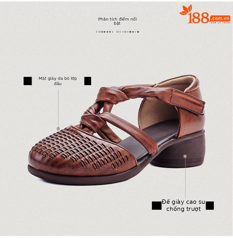 Sandal nữ da bò thật phong cách La Mã cổ điển, đế mềm, quai đan hở thoáng khí — màu nâu chi tiết 3