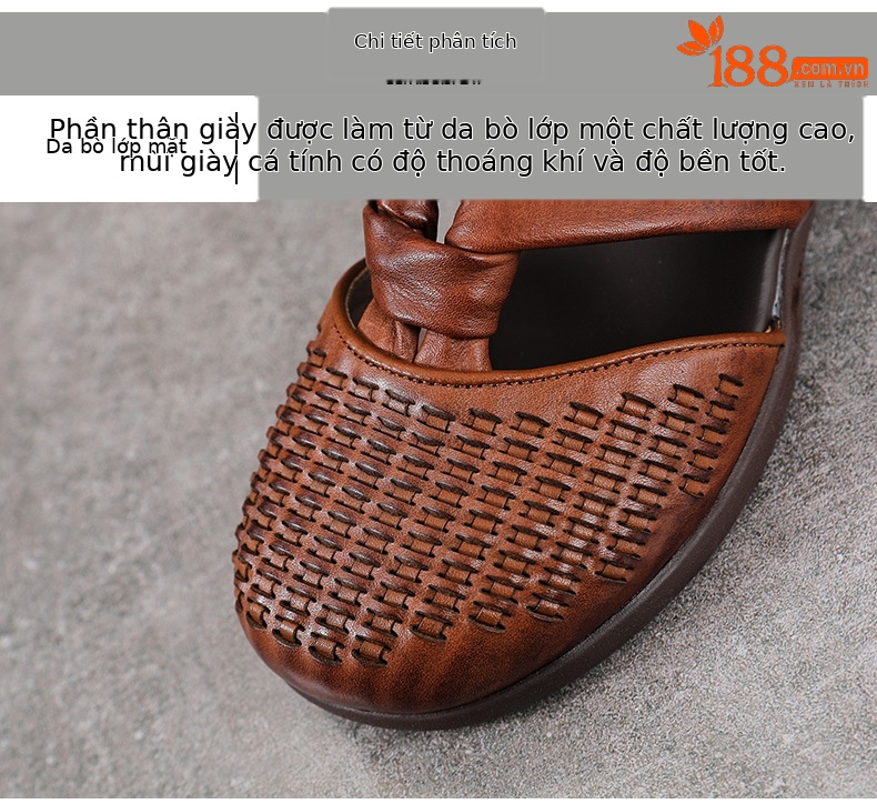 Sandal nữ da bò thật phong cách La Mã cổ điển, đế mềm, quai đan hở thoáng khí — màu nâu chi tiết 4