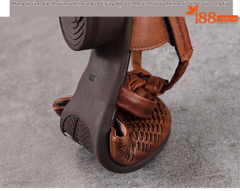 Sandal nữ da bò thật phong cách La Mã cổ điển, đế mềm, quai đan hở thoáng khí — màu nâu chi tiết 8