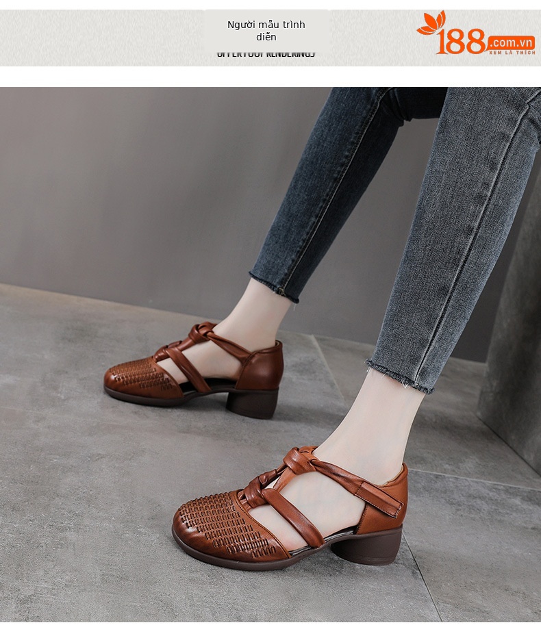 Sandal nữ da bò thật phong cách La Mã cổ điển, đế mềm, quai đan hở thoáng khí — màu nâu chi tiết 9