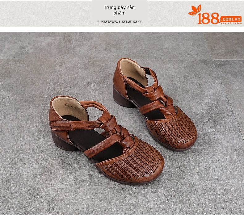 Sandal nữ da bò thật phong cách La Mã cổ điển, đế mềm, quai đan hở thoáng khí — màu nâu chi tiết 10