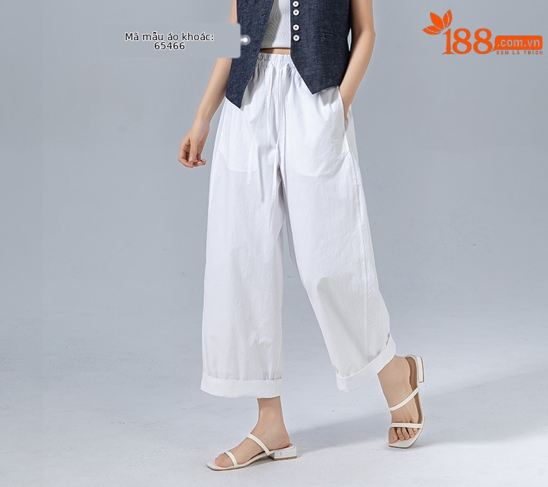 Quần culottes nữ ống rộng cạp thun dây rút, dáng suông rộng, dài 9 phần, chất cotton mềm mại — Ben trắng chi tiết 11