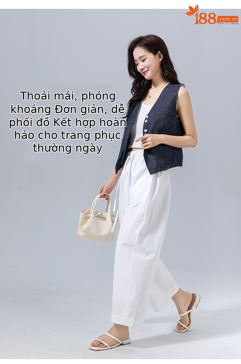 Quần culottes nữ ống rộng cạp thun dây rút, dáng suông rộng, dài 9 phần, chất cotton mềm mại — Ben trắng chi tiết 17