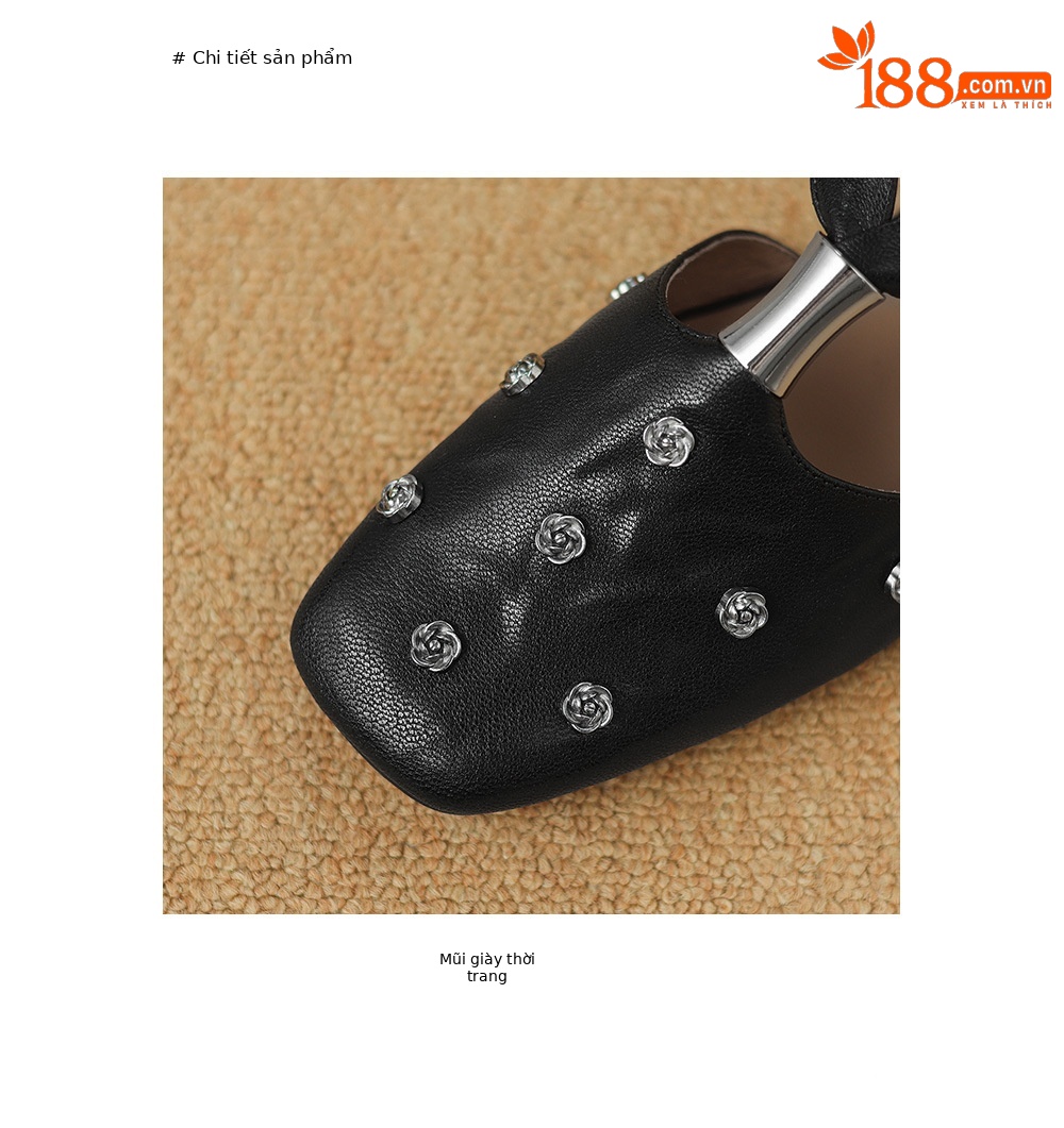 Dép sandal nữ quai chữ V đế bệt da cừu hoa nổi — đen chi tiết 12