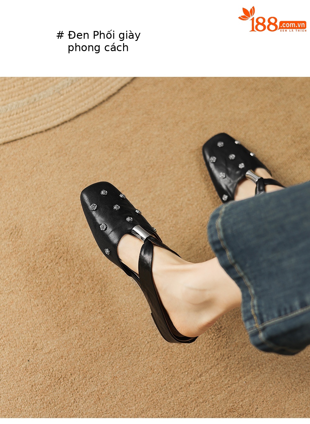 Dép sandal nữ quai chữ V đế bệt da cừu hoa nổi — đen chi tiết 20