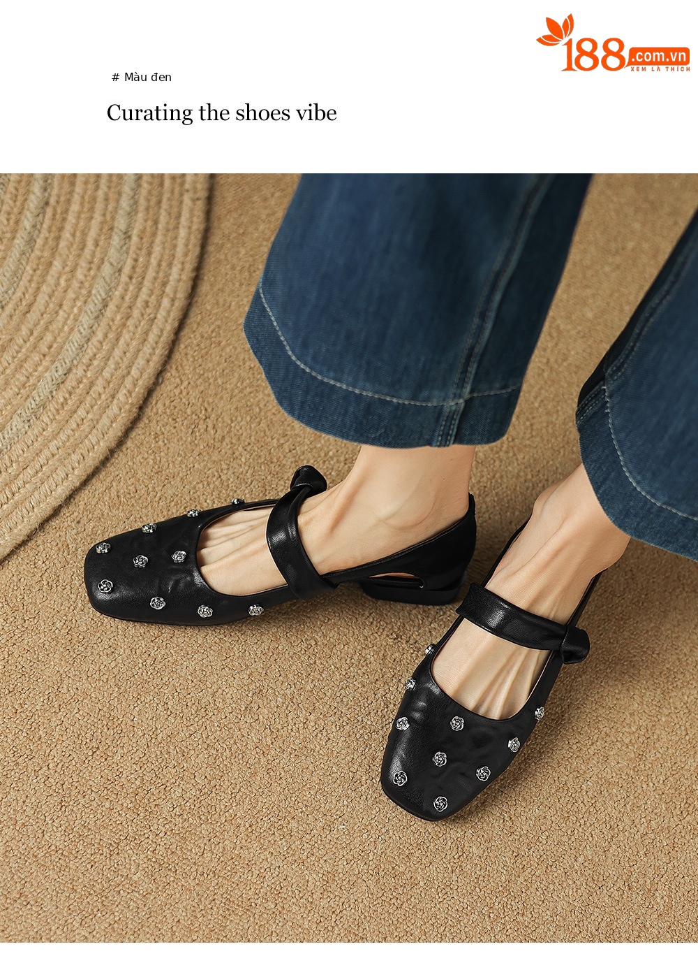 Sandal nữ da cừu đinh tán hoa rỗng mũi tròn kiểu ballet quai ngang đế bệt — đen chi tiết 9