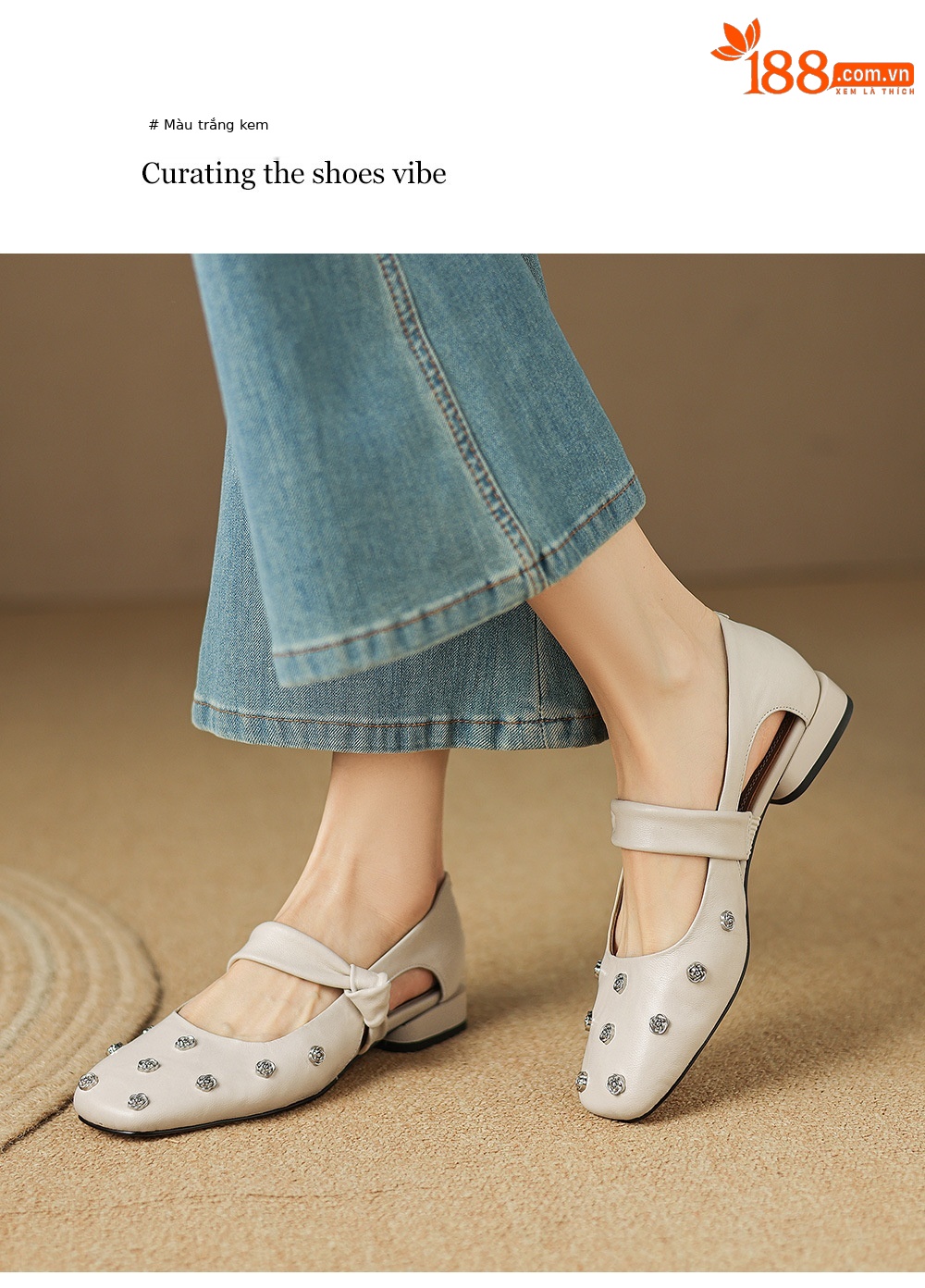 Sandal nữ da cừu đinh tán hoa rỗng mũi tròn kiểu ballet quai ngang đế bệt — đen chi tiết 18