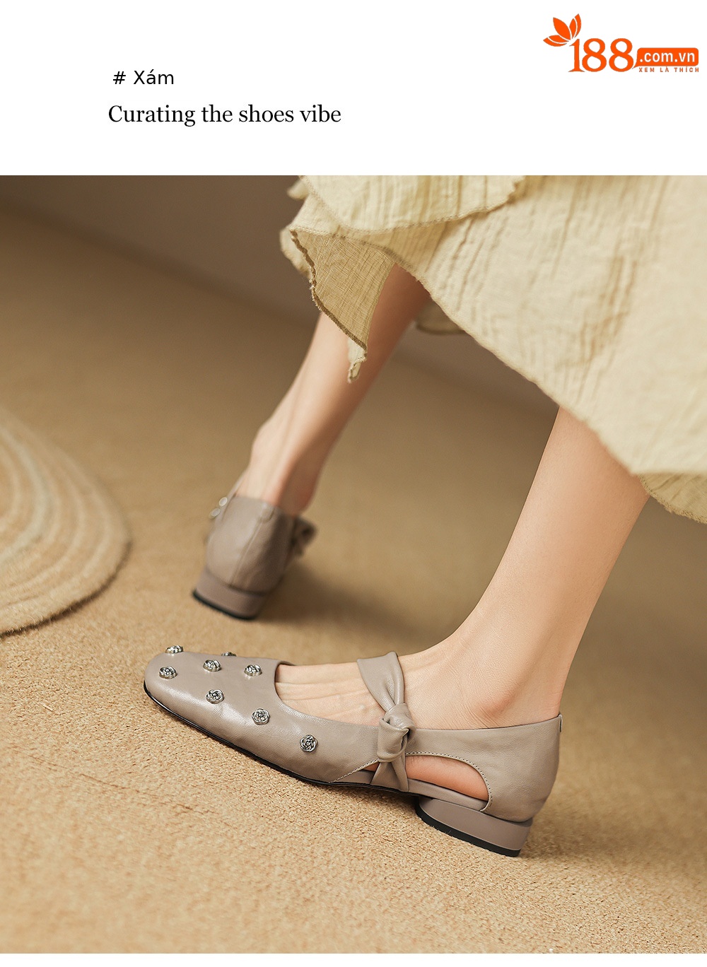 Sandal nữ da cừu đinh tán hoa rỗng mũi tròn kiểu ballet quai ngang đế bệt — đen chi tiết 21