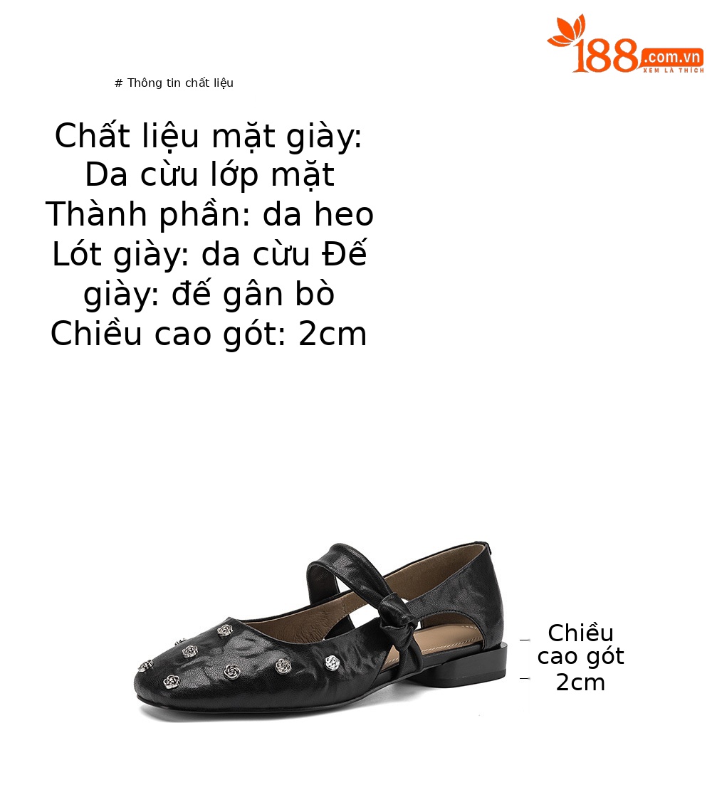 Sandal nữ da cừu đinh tán hoa rỗng mũi tròn kiểu ballet quai ngang đế bệt — đen chi tiết 4