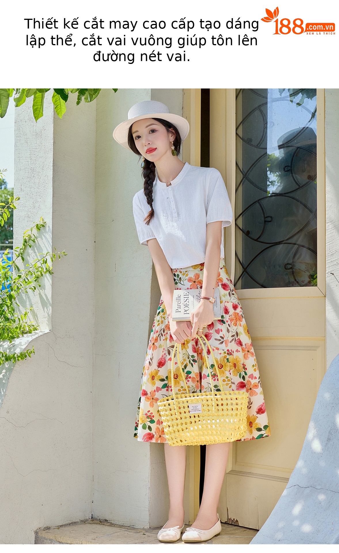 Bộ váy hai mảnh gồm áo thun và chân váy chữ A họa tiết hoa, cạp cao, dáng suông dài — Màu ảnh chi tiết 3