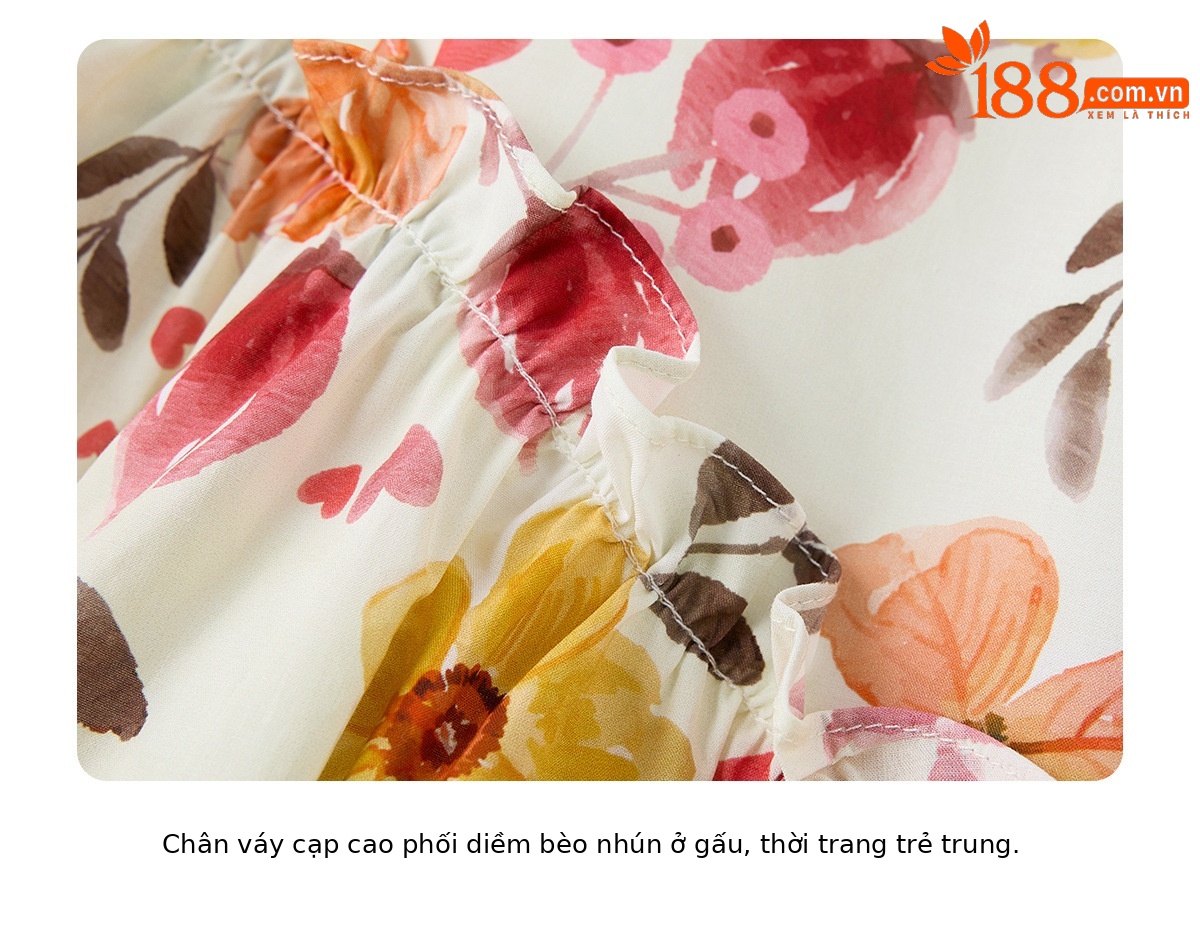 Bộ váy hai mảnh gồm áo thun và chân váy chữ A họa tiết hoa, cạp cao, dáng suông dài — Màu ảnh chi tiết 9