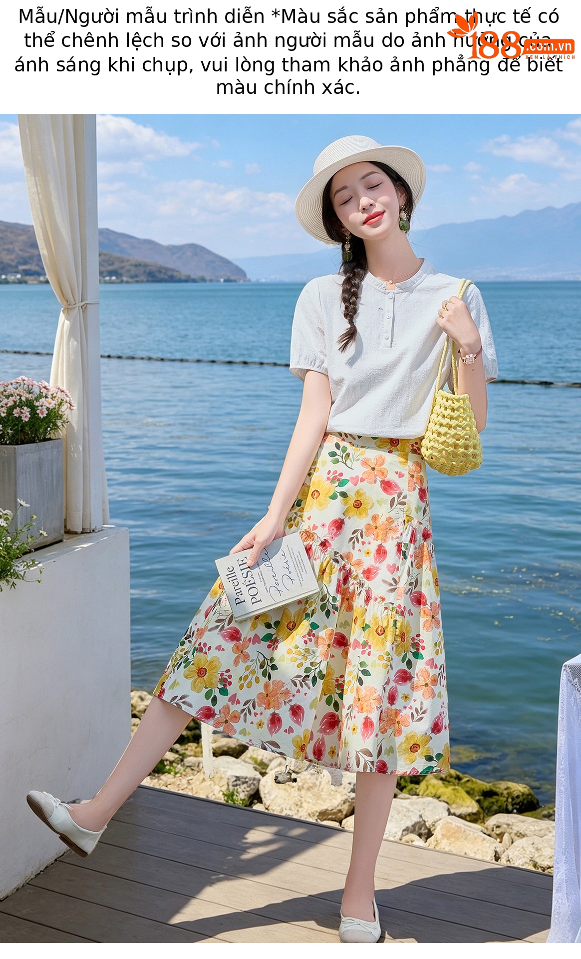 Bộ váy hai mảnh gồm áo thun và chân váy chữ A họa tiết hoa, cạp cao, dáng suông dài — Màu ảnh chi tiết 12