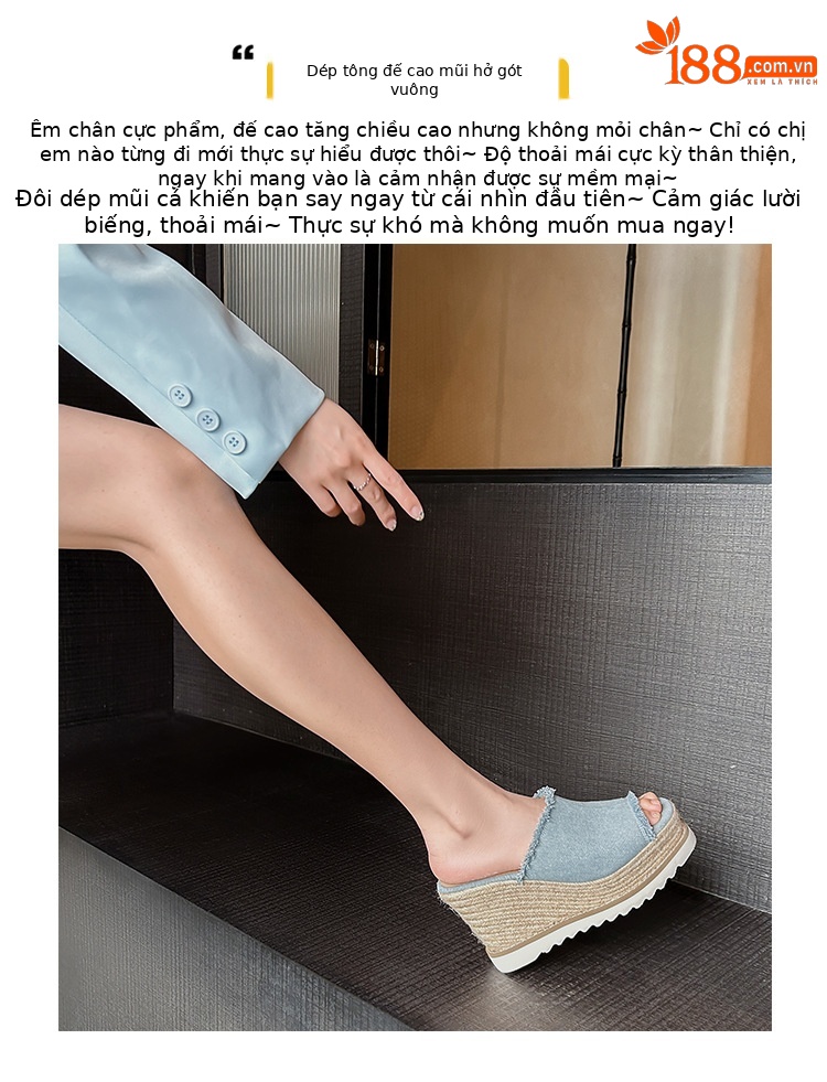 Sandal cao gót nữ hở mũi chất liệu denim, đế xuồng bện cói, gót cao 9 cm — Cao bồi xanh chi tiết 2