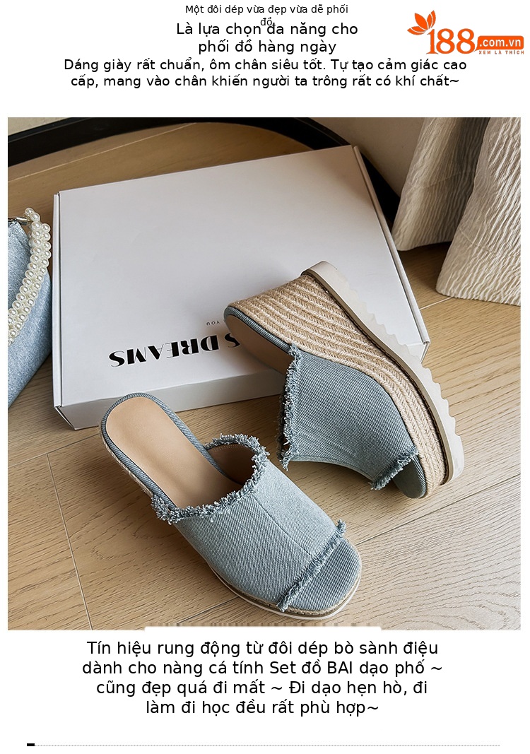 Sandal cao gót nữ hở mũi chất liệu denim, đế xuồng bện cói, gót cao 9 cm — Cao bồi xanh chi tiết 3