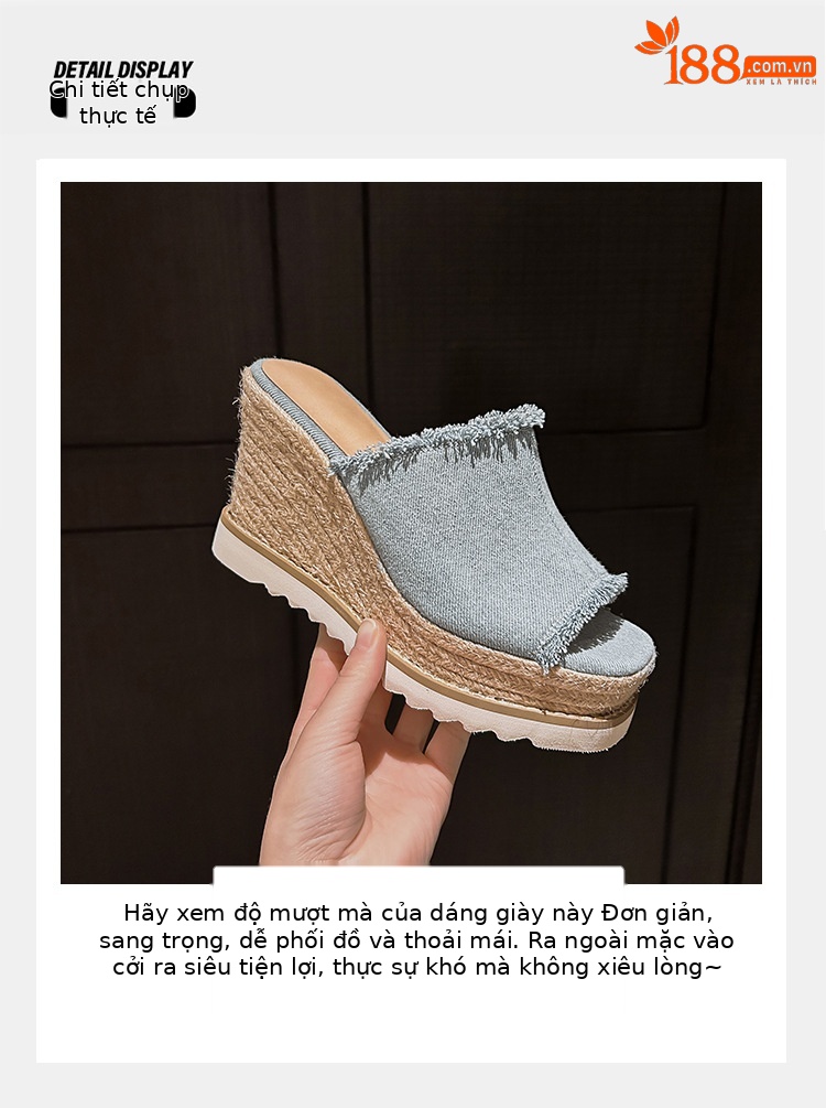 Sandal cao gót nữ hở mũi chất liệu denim, đế xuồng bện cói, gót cao 9 cm — Cao bồi xanh chi tiết 5