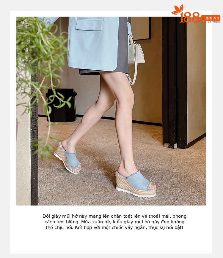 Sandal cao gót nữ hở mũi chất liệu denim, đế xuồng bện cói, gót cao 9 cm — Cao bồi xanh chi tiết 6