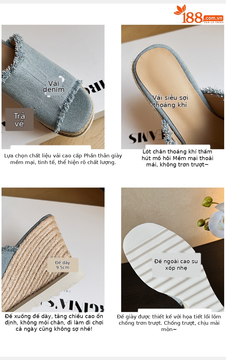 Sandal cao gót nữ hở mũi chất liệu denim, đế xuồng bện cói, gót cao 9 cm — Cao bồi xanh chi tiết 7