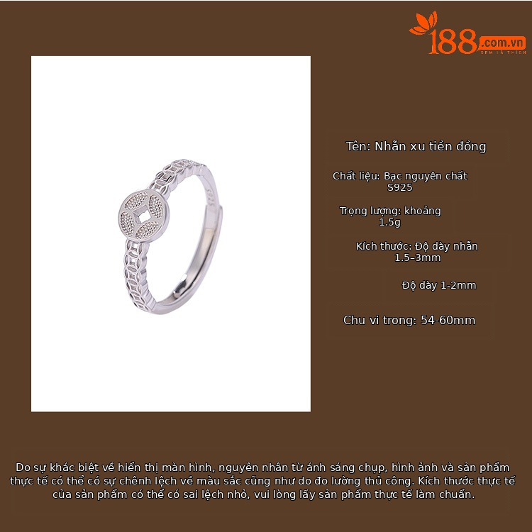 Nhẫn bạc sterling S925 hình đồng xu phong cách Trung Hoa, thiết kế mở điều chỉnh được — Một mảnh chi tiết 2